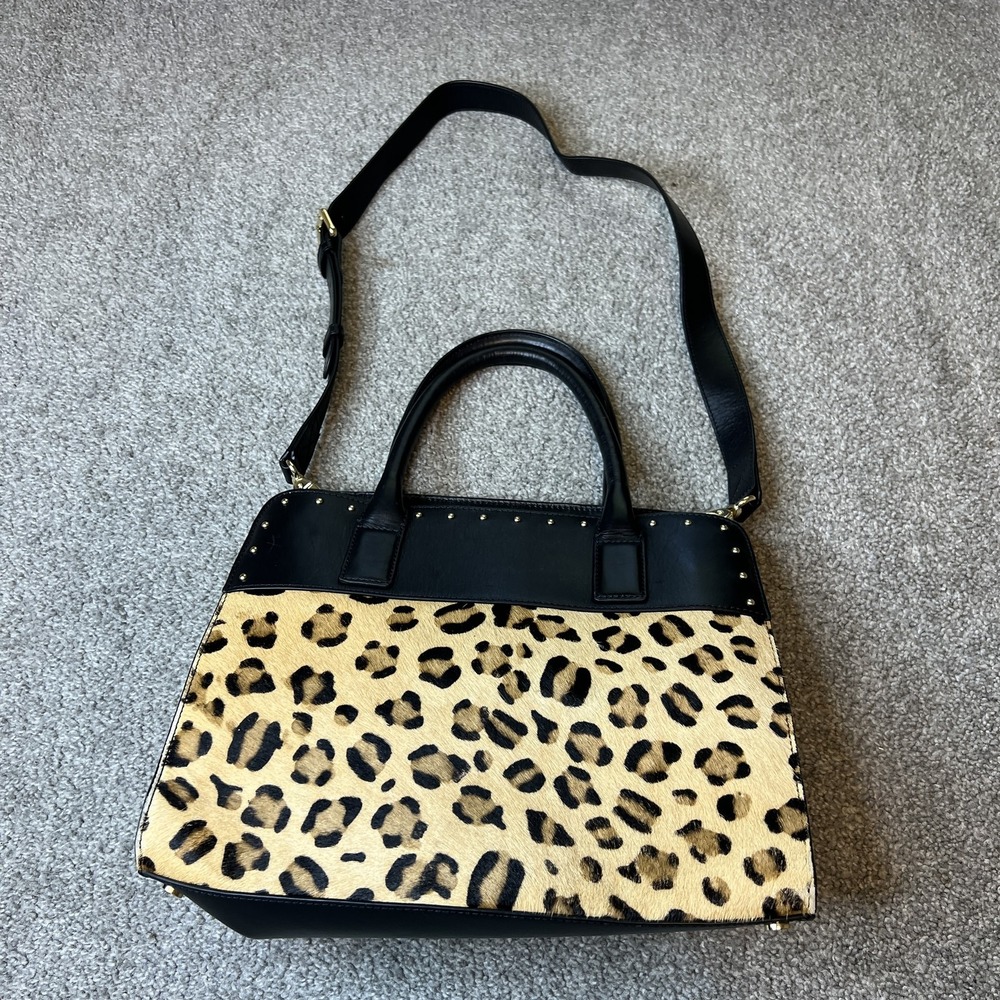 Chicos Satchel Bag Womens Leopard Print Faux Leather Studded Purse Animal‎ Print